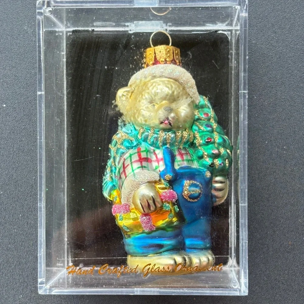 Unique Treasures Hand Crafted Glass Teddy Bear Christmas Ornament Overalls Tree